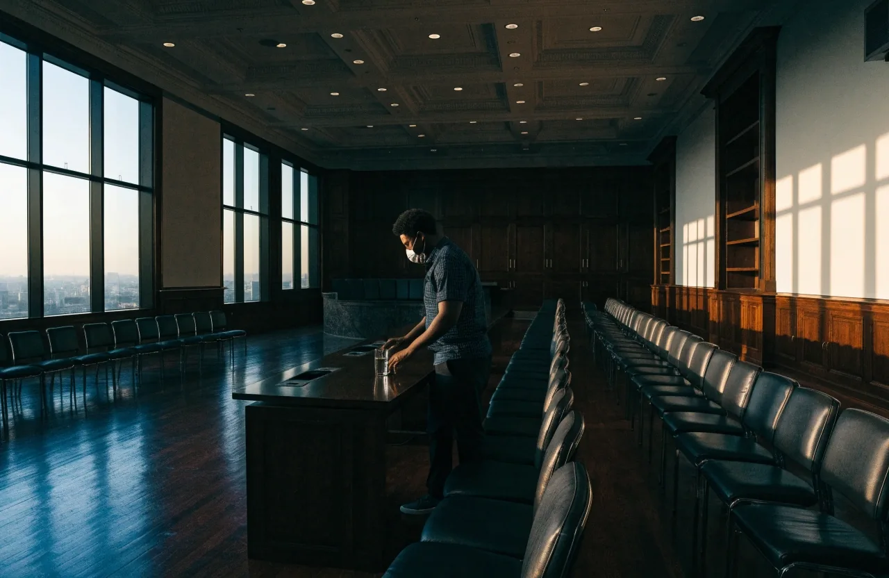 A legislative hearing room seen from the gallery rail, empty seats below and afternoon light across the floor