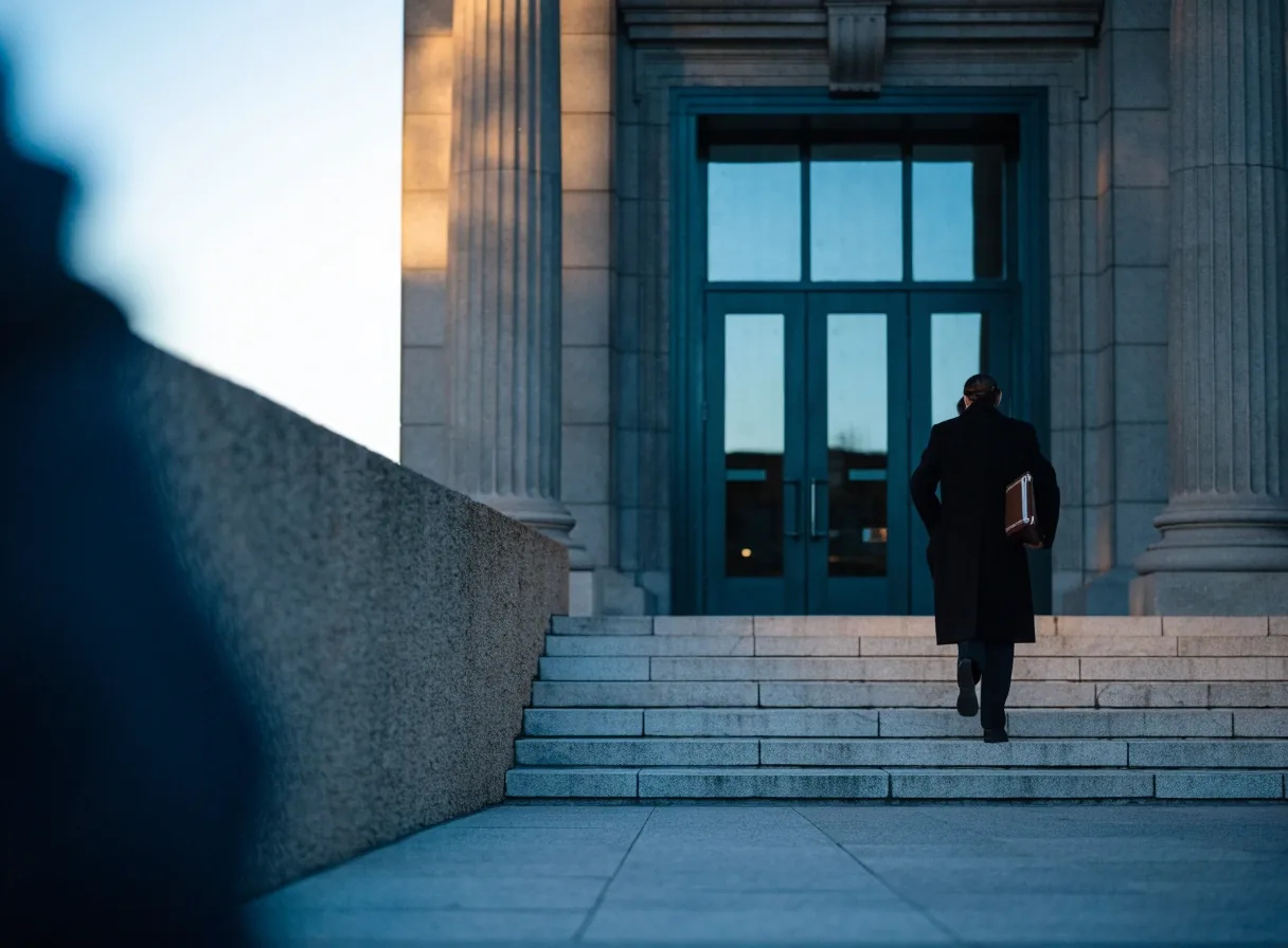 A courthouse corridor at an angle, marble floor and raking window light with a silhouette walking away