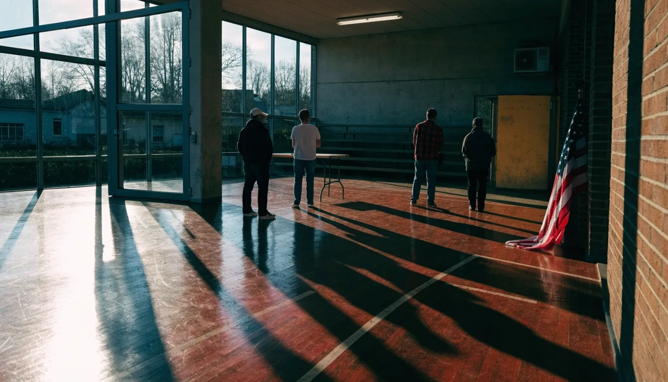 A polling place at opening hour, a folding table in a doorway and a short quiet line of voters