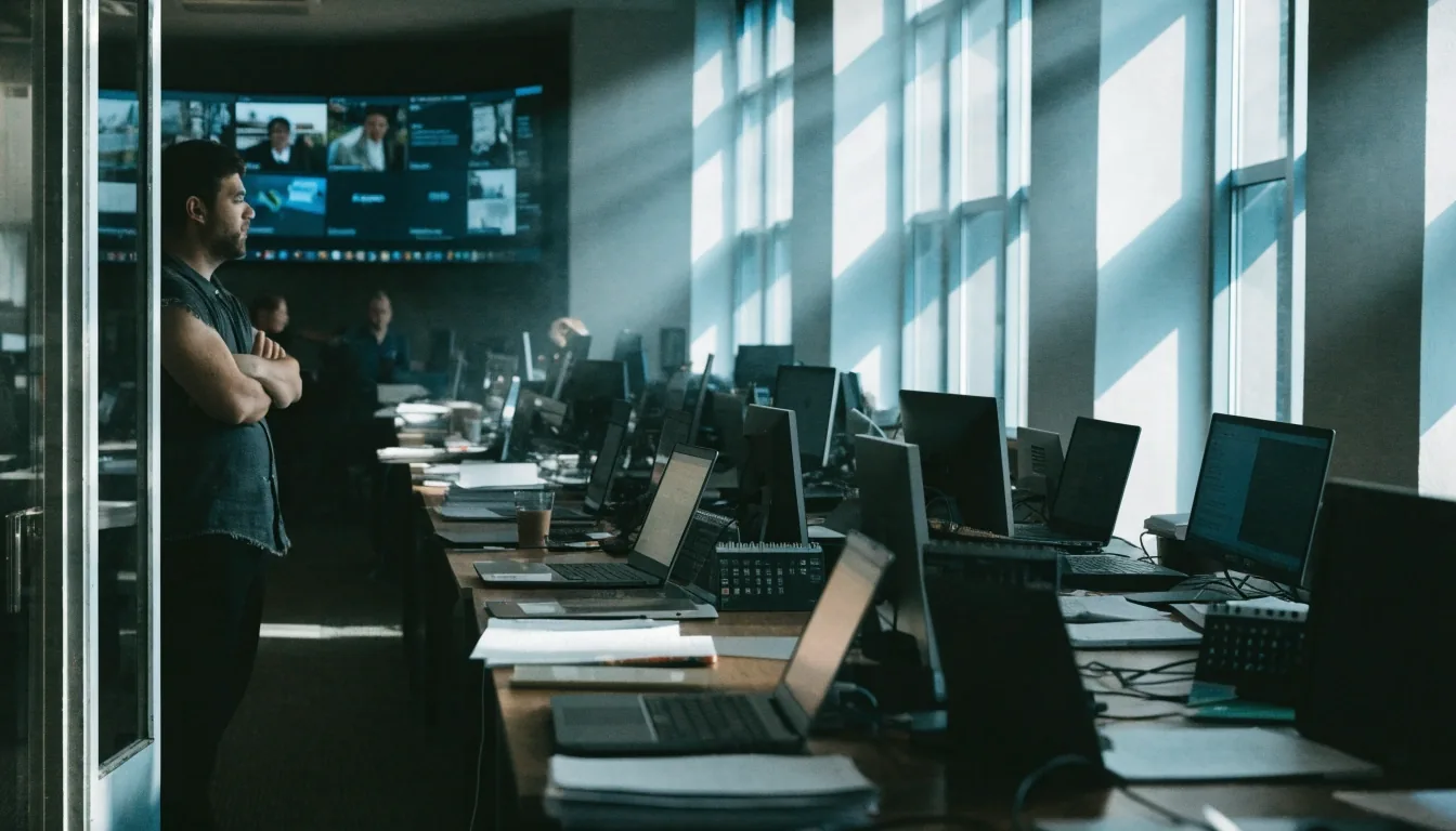 A political newsroom on a Monday morning, desks and angled screens seen past a doorway in low raking light