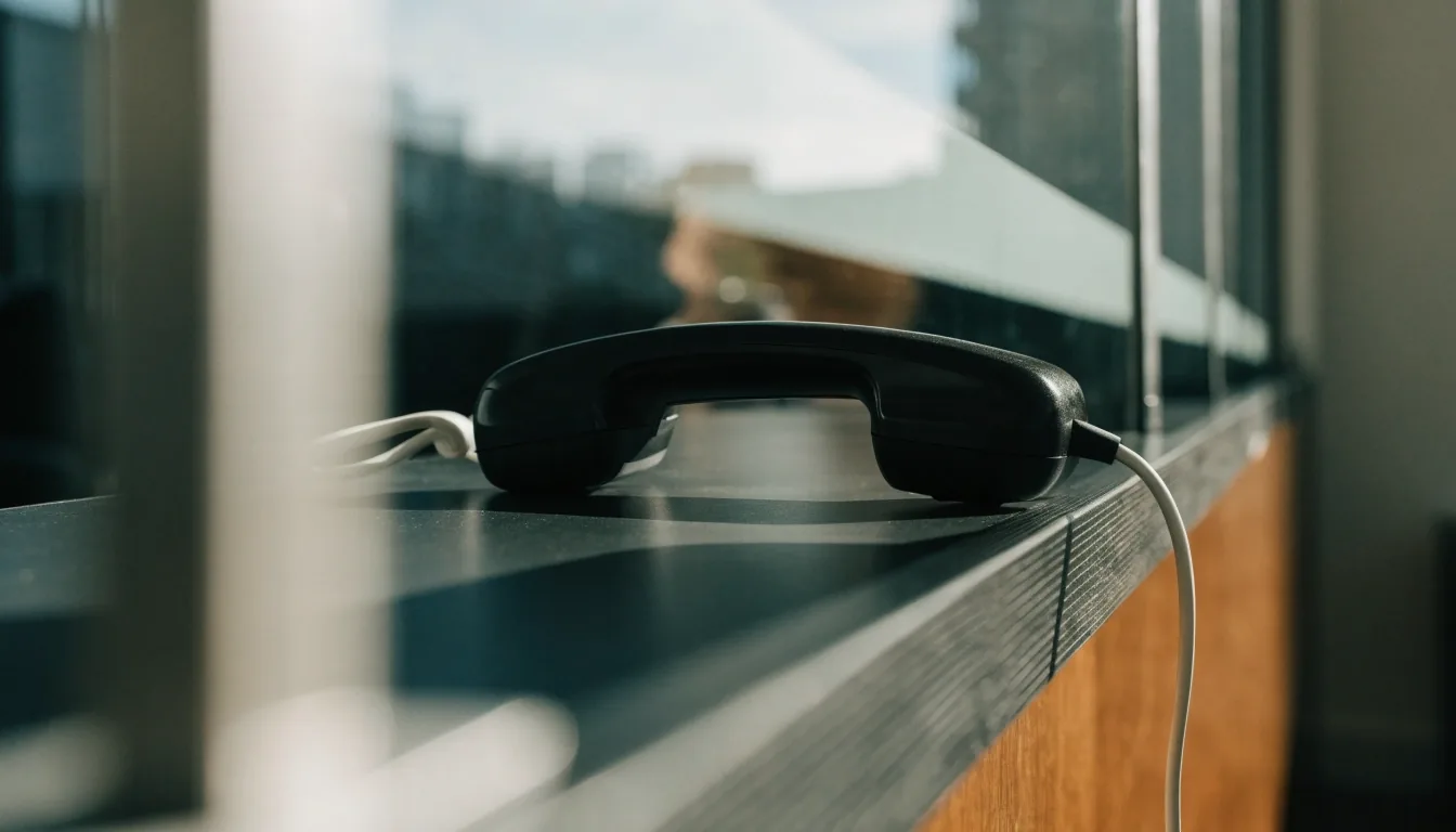A telephone and a turned-away notepad on a desk beside a window reflection