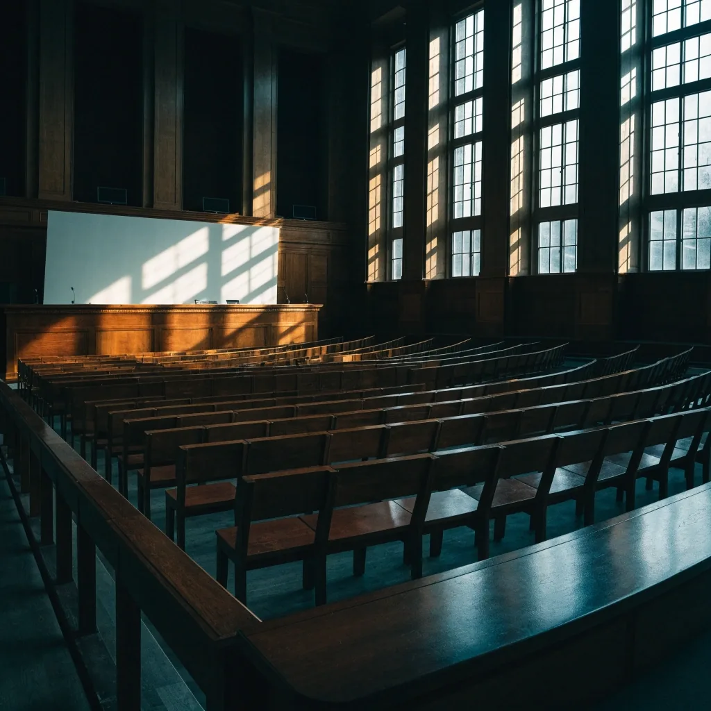 A hearing room viewed from the public gallery, empty benches below and a blank panel on the dais