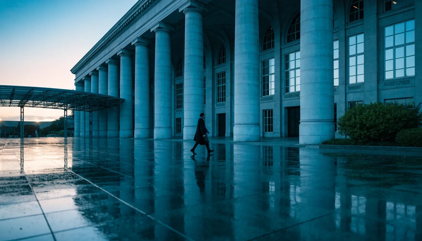 Courthouse corridor at morning with raking window light and one person walking away down the hall