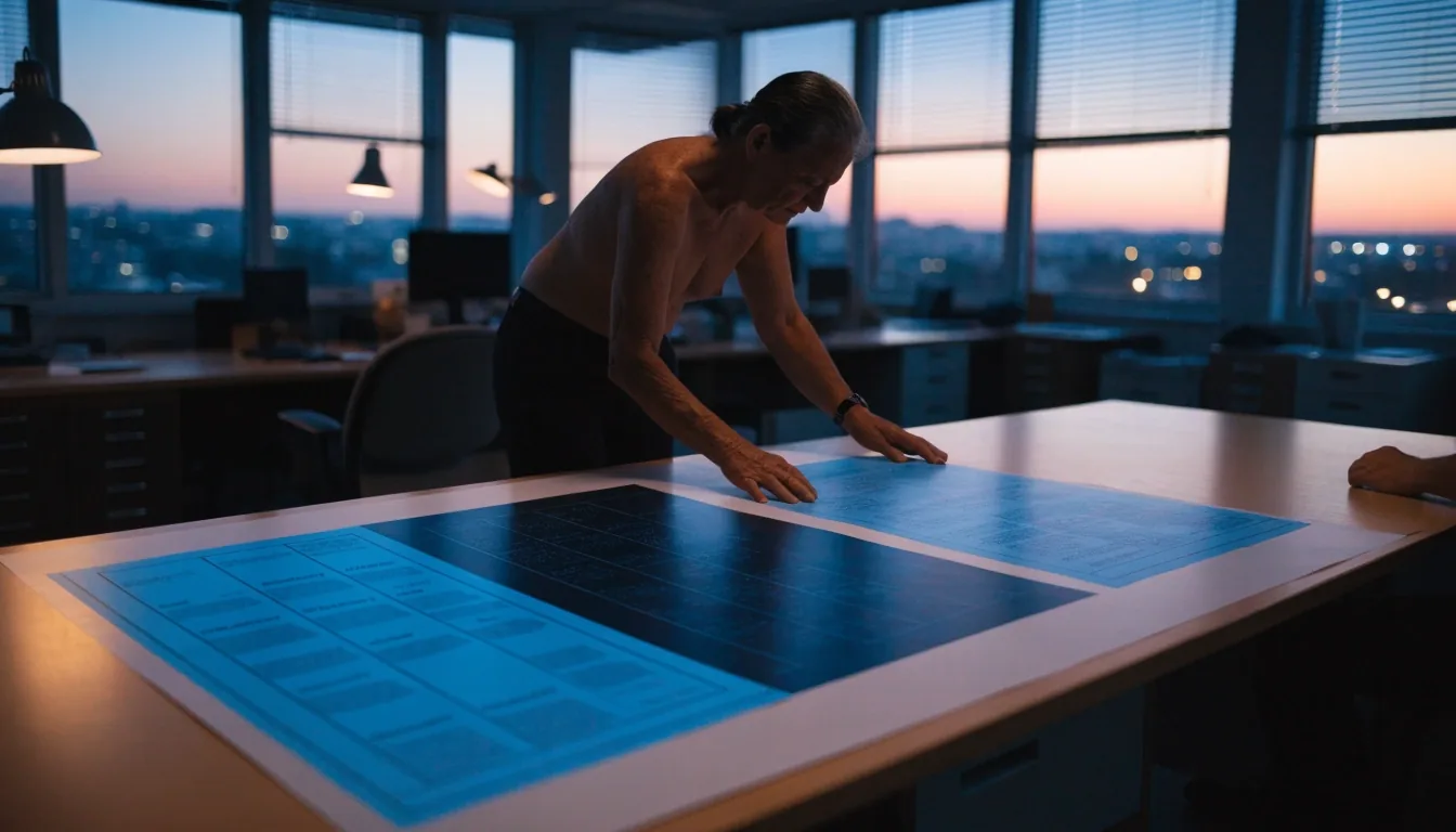 Two-ink printed redistricting chart photographed flat on a desk, blue and dark overlays slightly misregistered