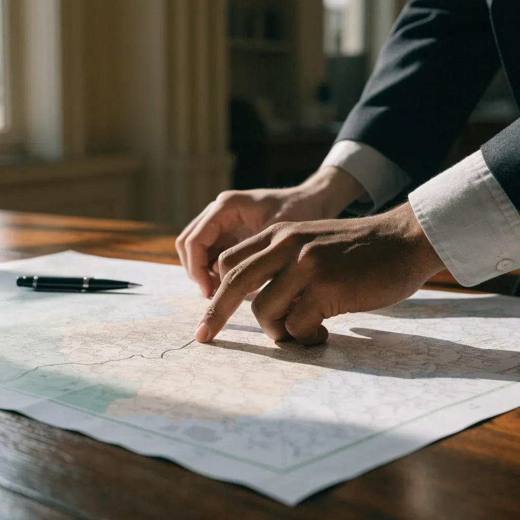 Two hands reviewing a large printed county map on a table, one finger pointing along a boundary line