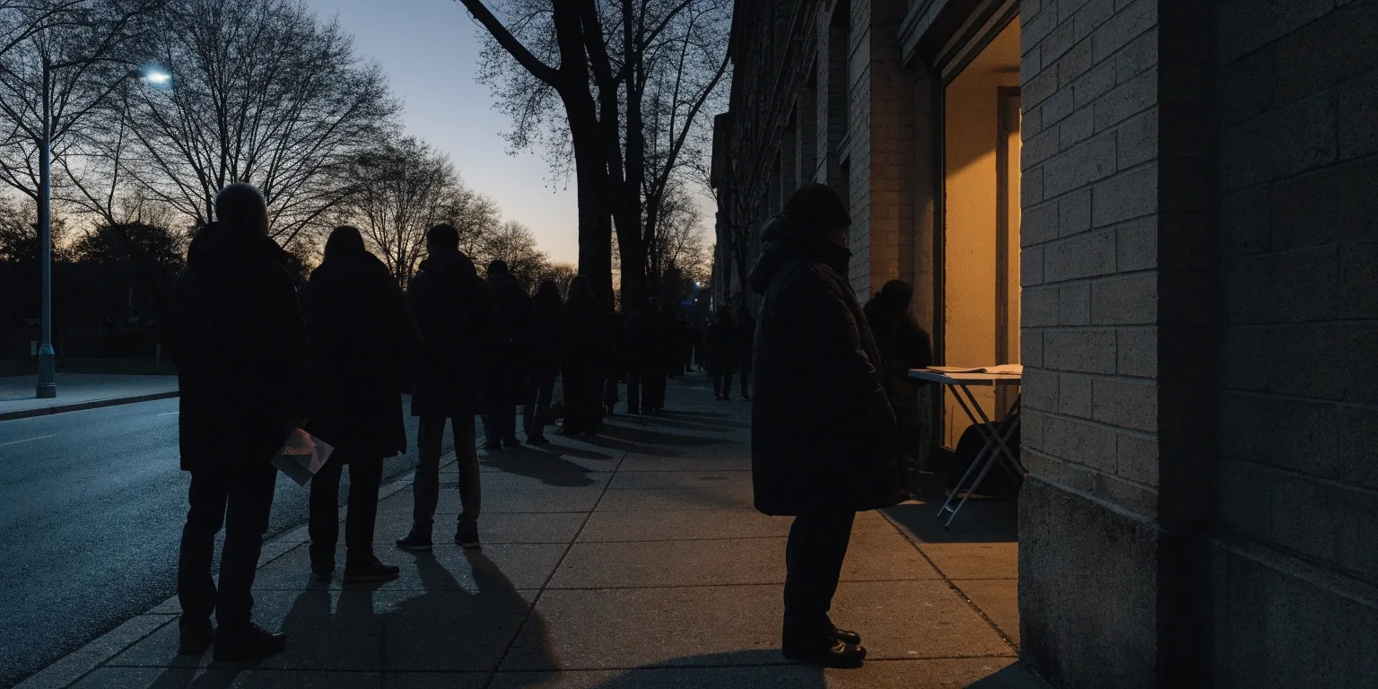 Neighborhood polling line before sunrise with silhouetted voters waiting on a sidewalk
