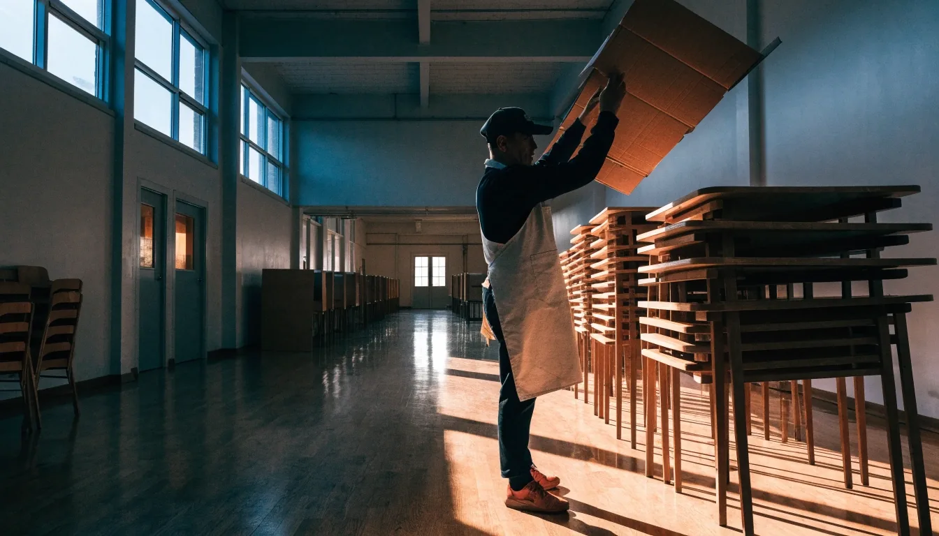 School hallway set up as a polling place at dawn with long shadows down the corridor