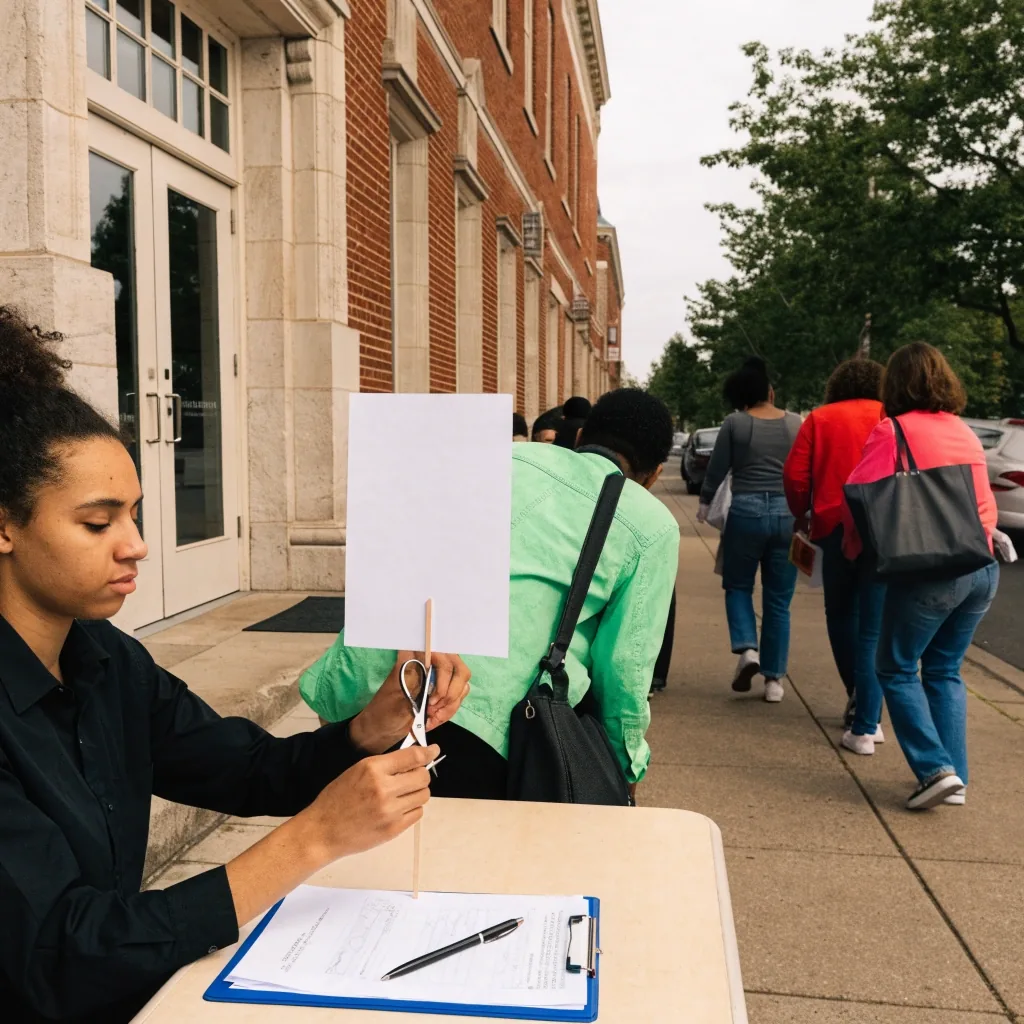 A volunteer holding a clipboard mid-air at a folding table outside a community hall during a Senate campaign stop, placards seen edge-on