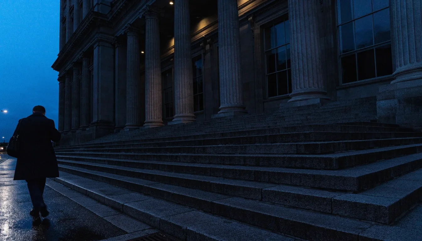 A courthouse corridor with raking window light across a polished marble floor and a single silhouette walking away from the camera