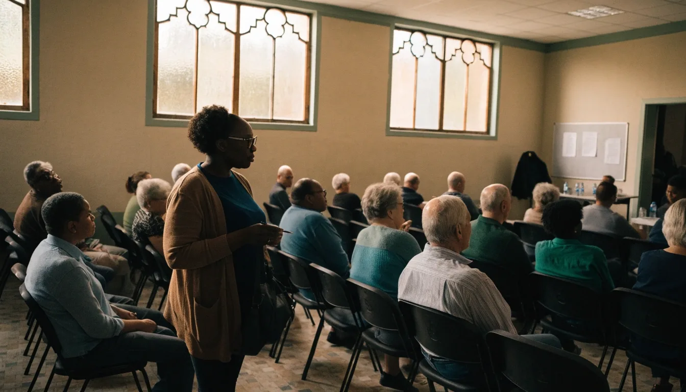 A small community listening session in a plain hall with folding chairs and seated voters, one speaking mid-gesture in low window light