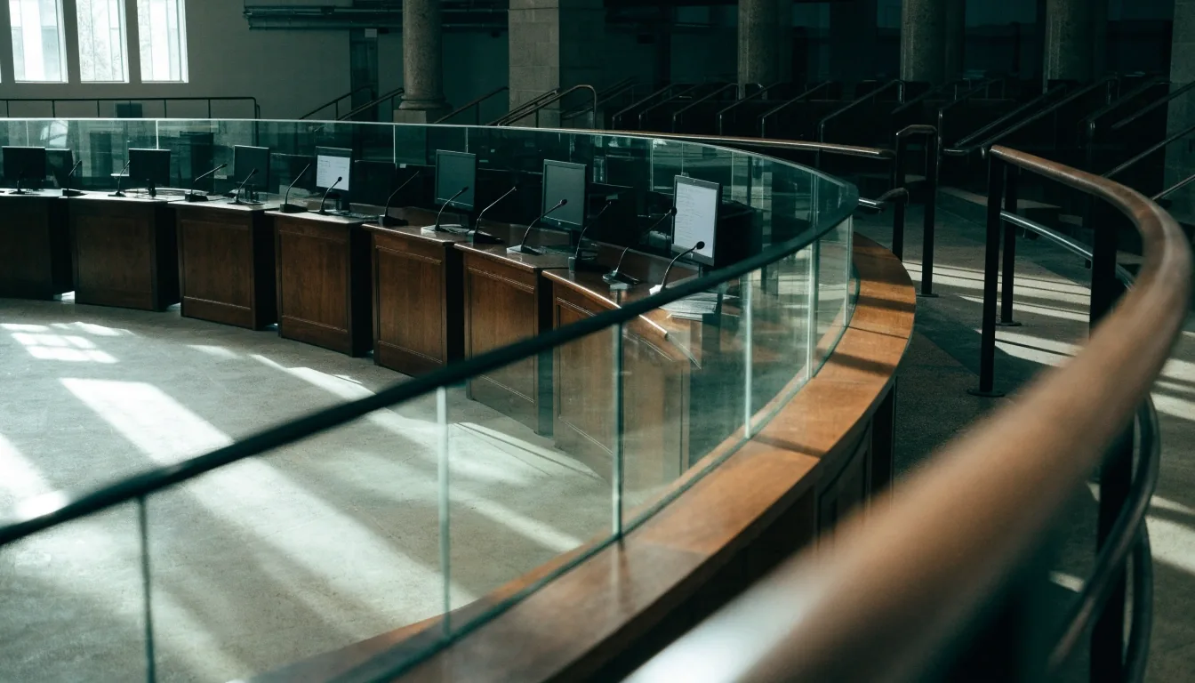 A committee hearing room seen from the empty gallery rail