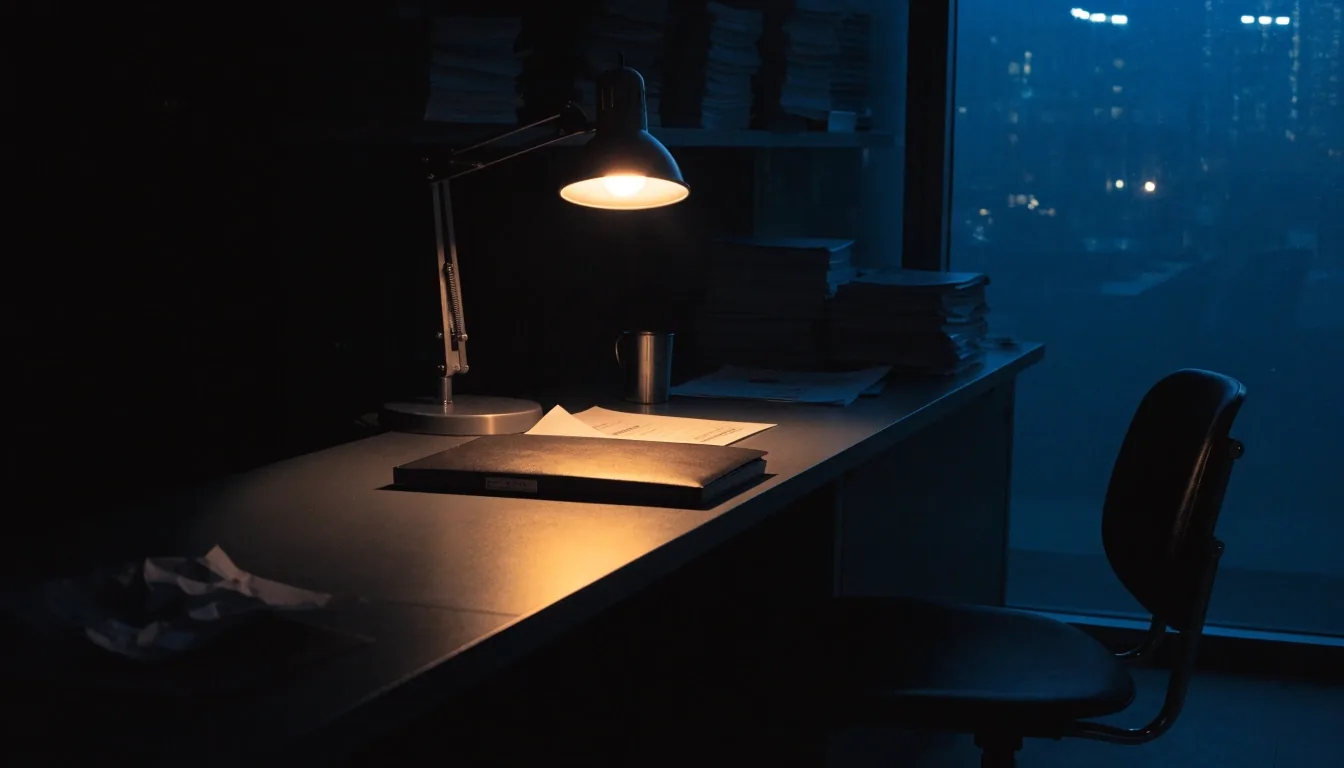 A press desk under a single lamp after deadline, chair pushed back
