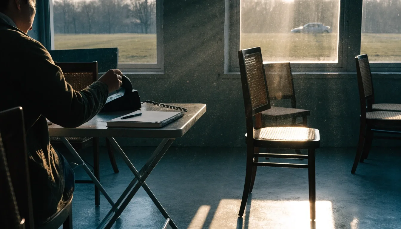 A quiet newsroom desk at morning, with a phone off its cradle and a notebook turned away