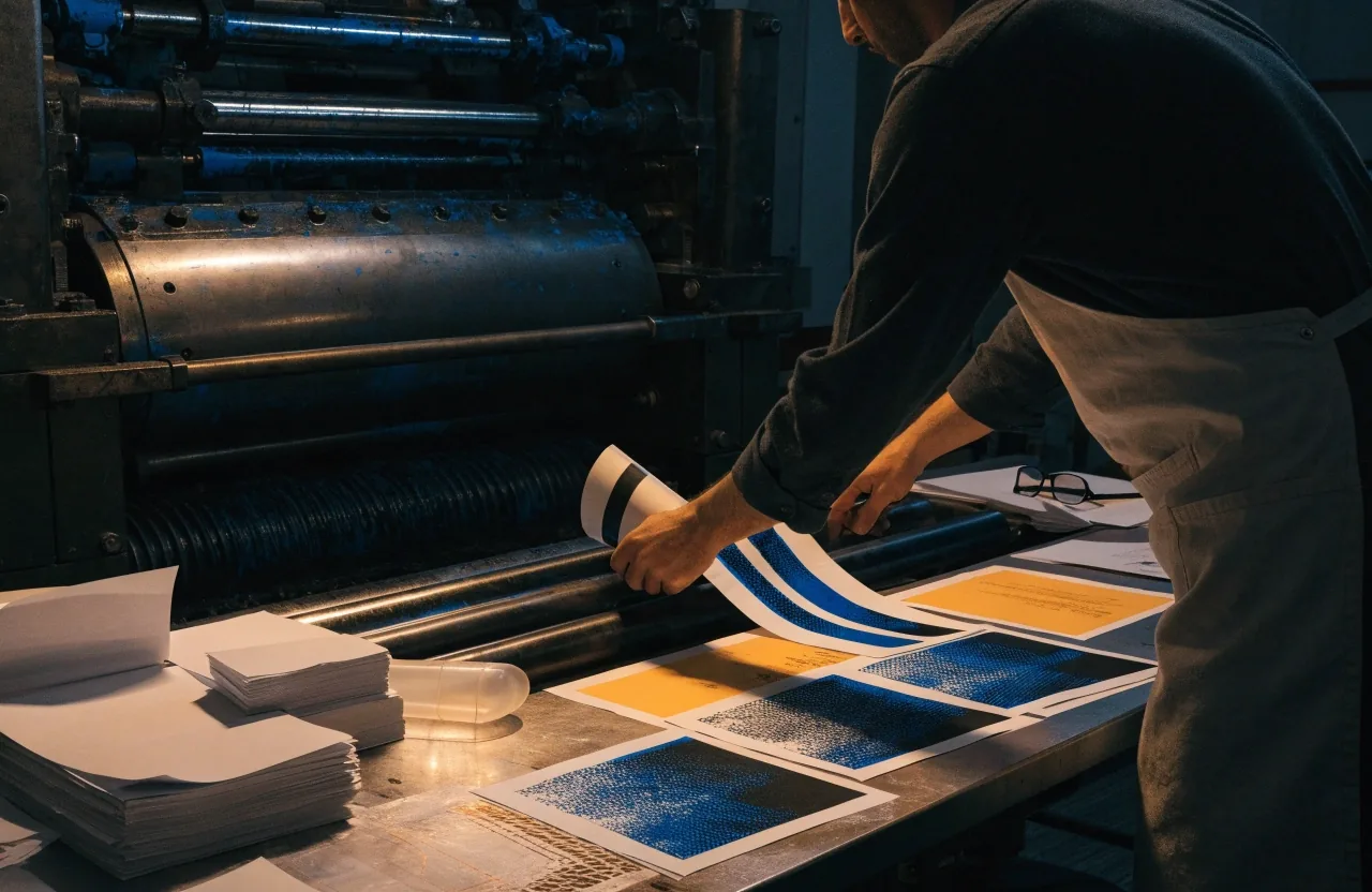 A two-ink printed political diagram with a deliberate press misregistration between the dark and blue plates